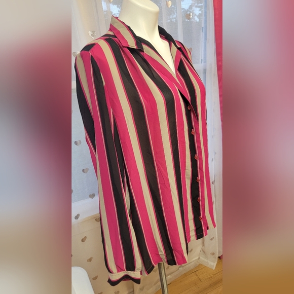 #60 Lady Shapely 38 Pink Black Cream Vertical-Striped Blouse - Picture 2 of 8
